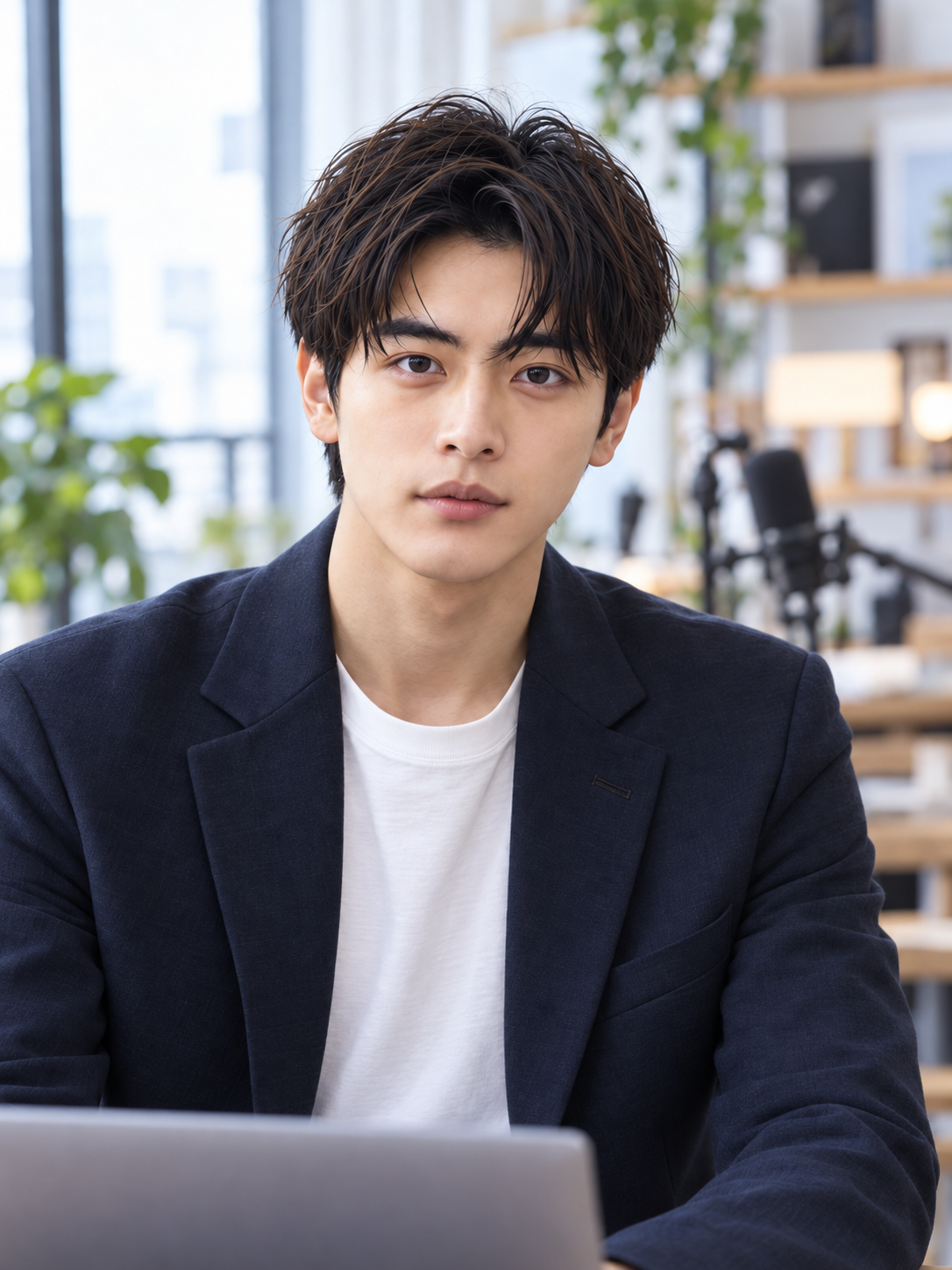 浅野翔太。紺のジャケットでノートパソコンに向かう。